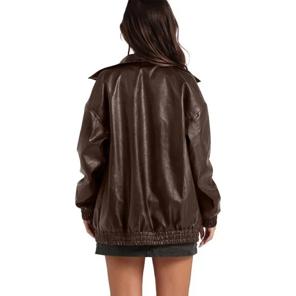 Women brown Faux Leather Oversized Motorcycle Bomber Jacket Coat - Picture 3 of 3